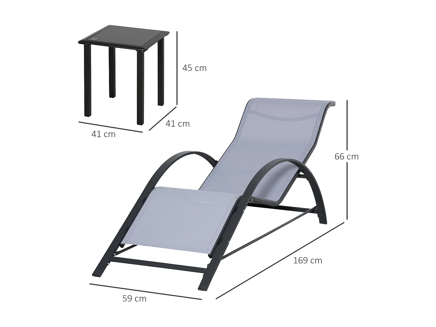 Set 2 sdraio da giardino e tavolino con piano in vetro grigio chiaro