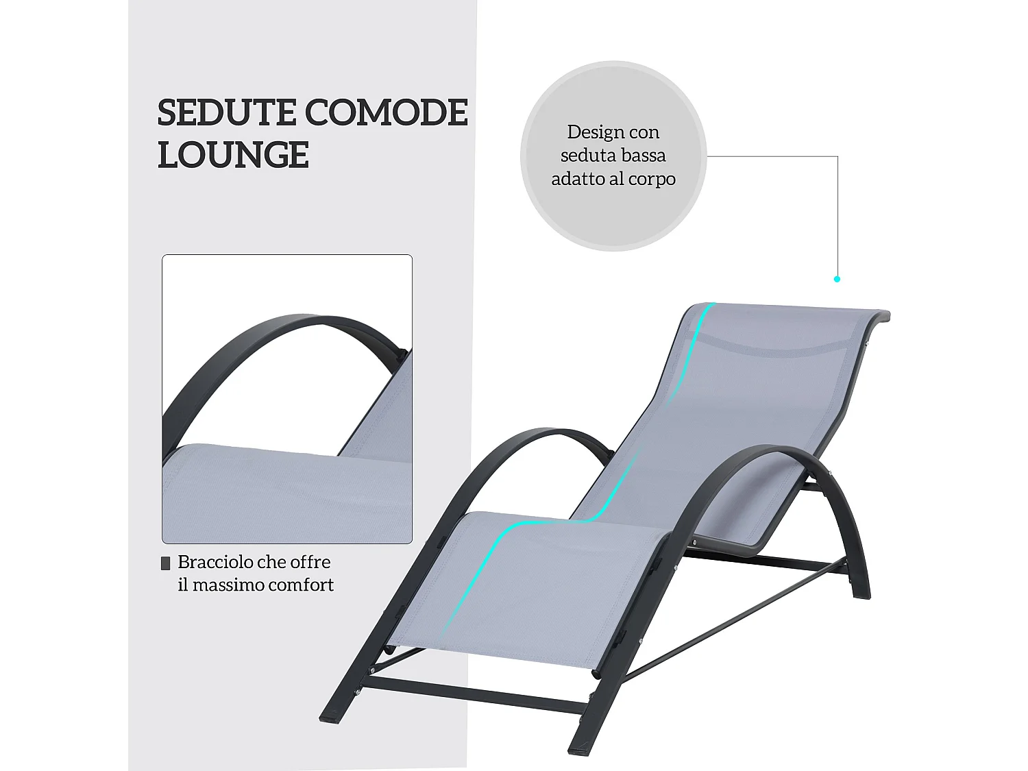 Set 2 sdraio da giardino e tavolino con piano in vetro grigio chiaro