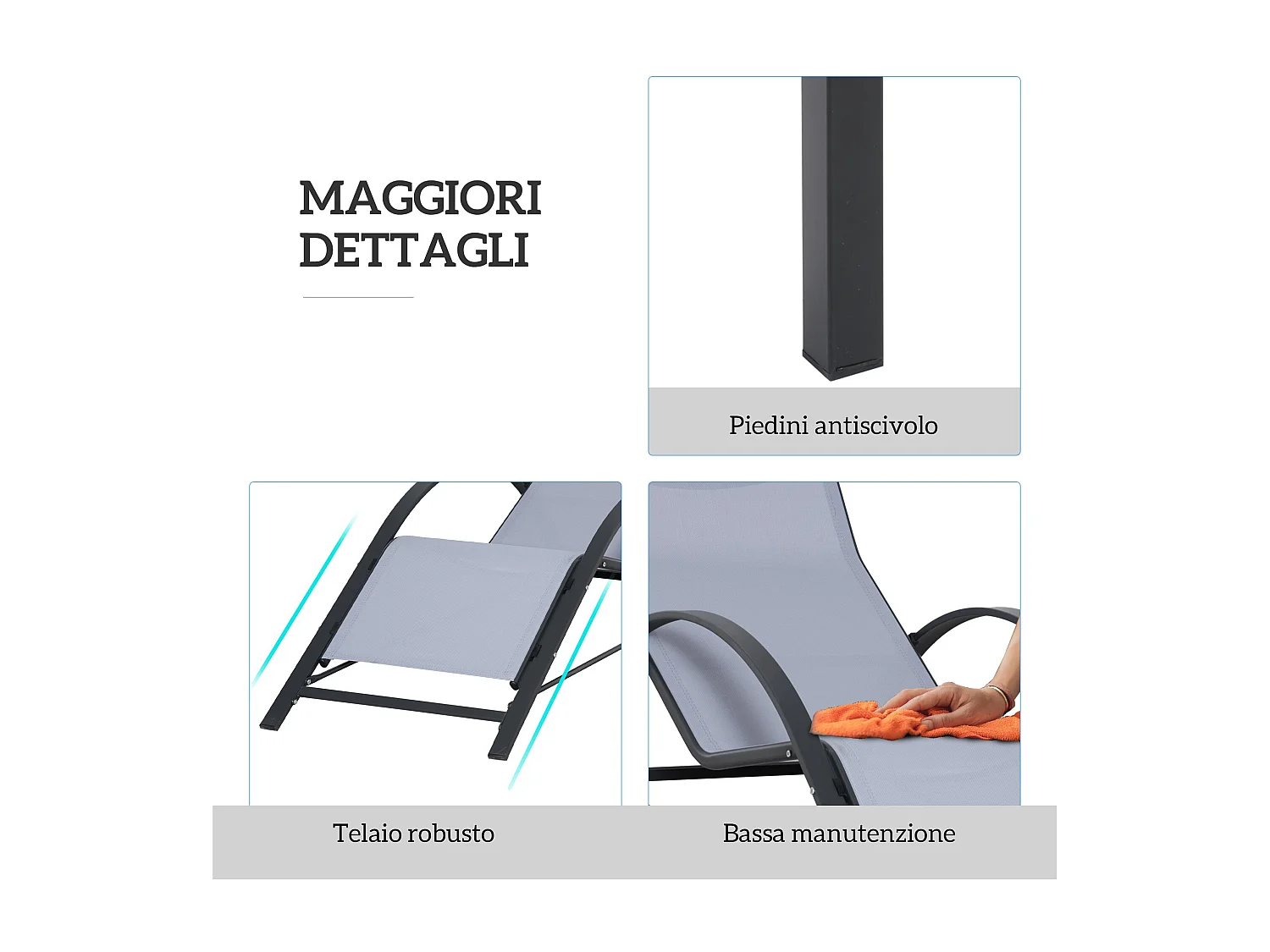 Set 2 sdraio da giardino e tavolino con piano in vetro grigio chiaro