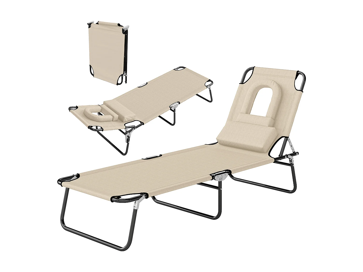 Sdraio pieghevole reclinabile con foro per viso imbottito beige