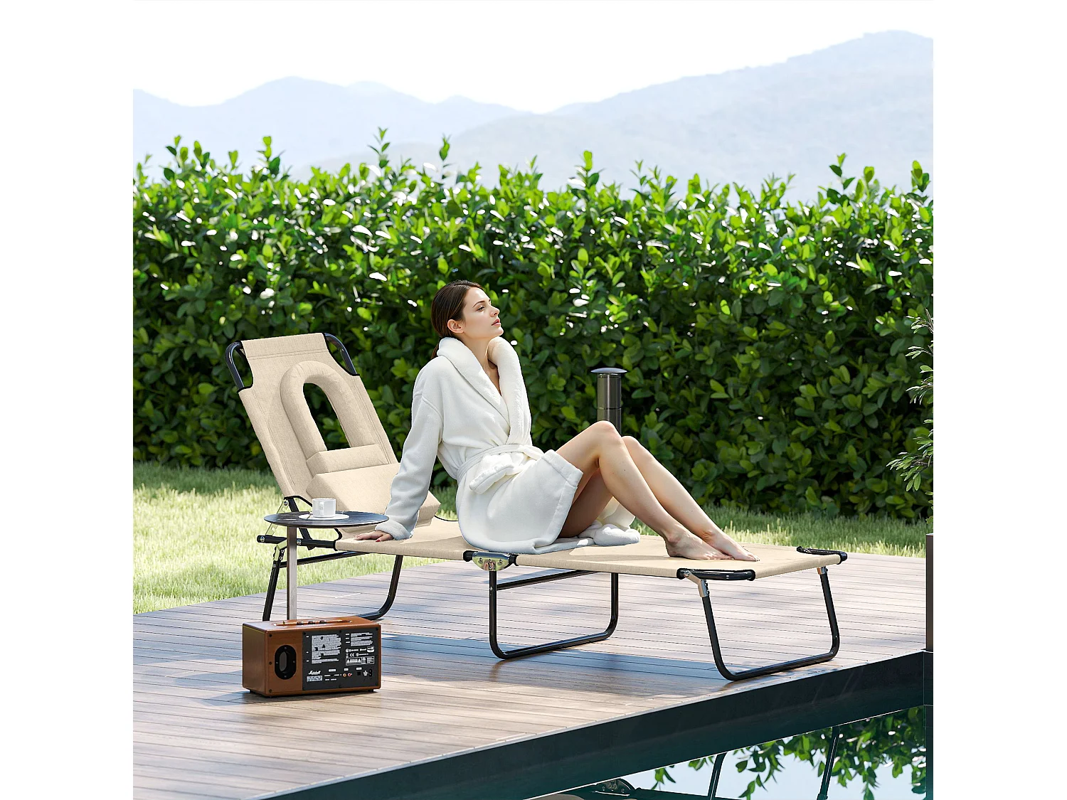 Sdraio pieghevole reclinabile con foro per viso imbottito beige