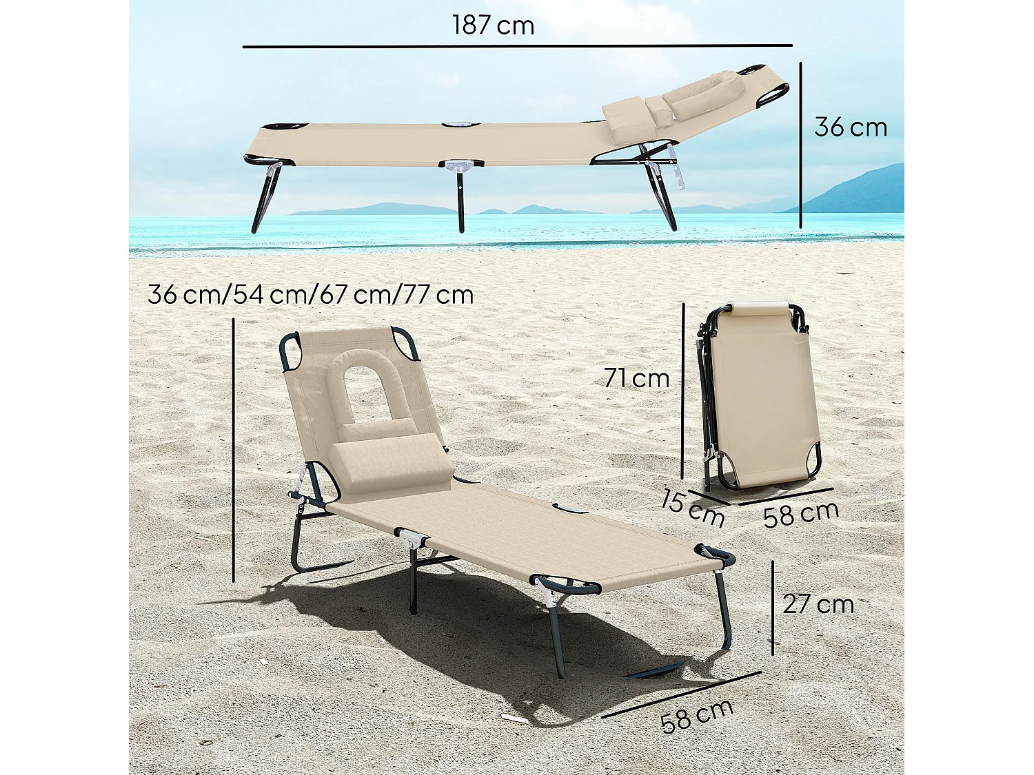 Sdraio pieghevole reclinabile con foro per viso imbottito beige