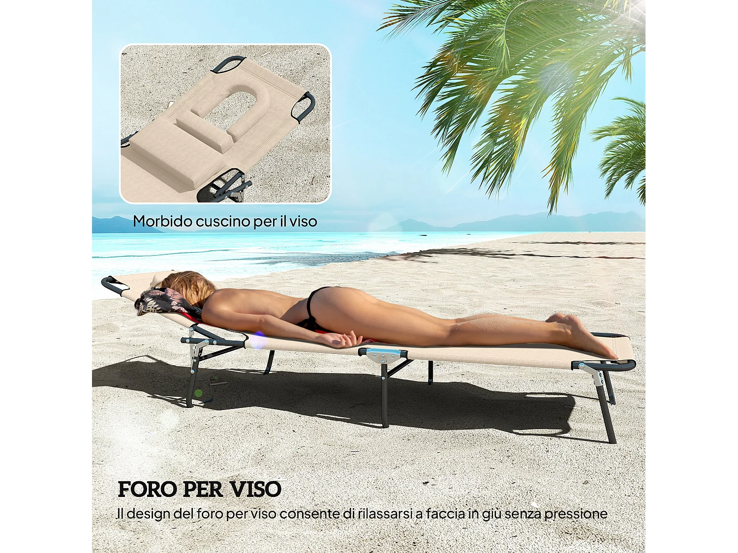 Sdraio pieghevole reclinabile con foro per viso imbottito beige