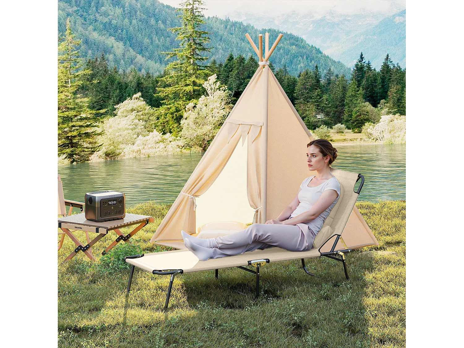 Sdraio pieghevole reclinabile con foro per viso imbottito beige