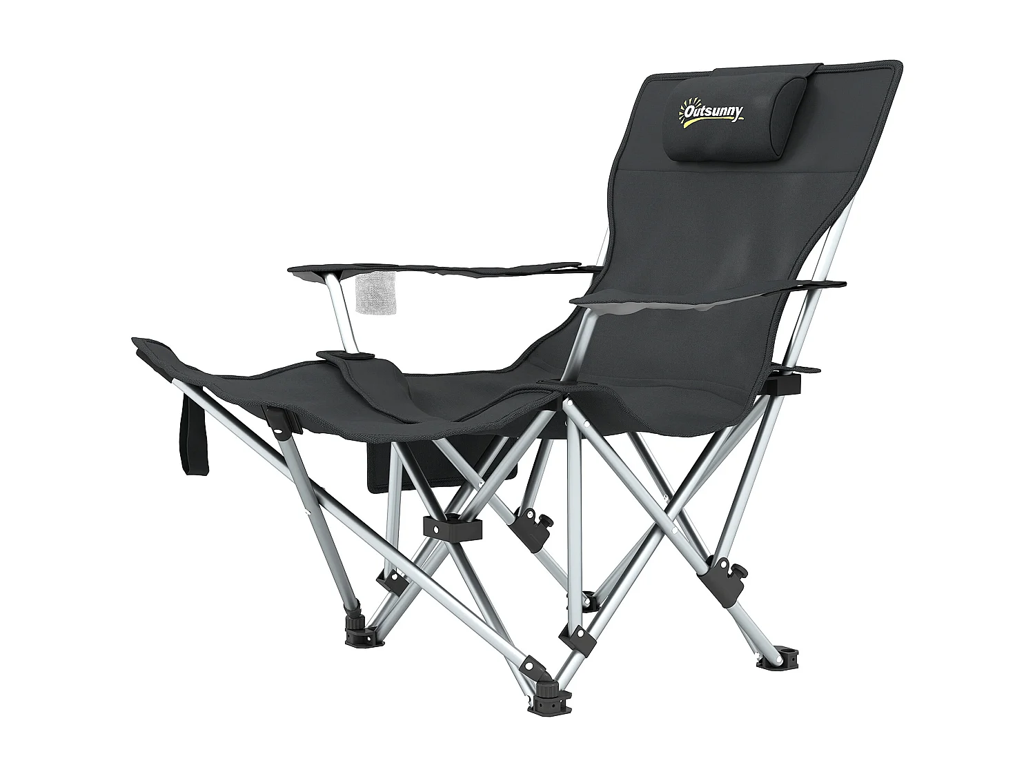 Sedia da campeggio pieghevole reclinabile con poggiapiedi nero