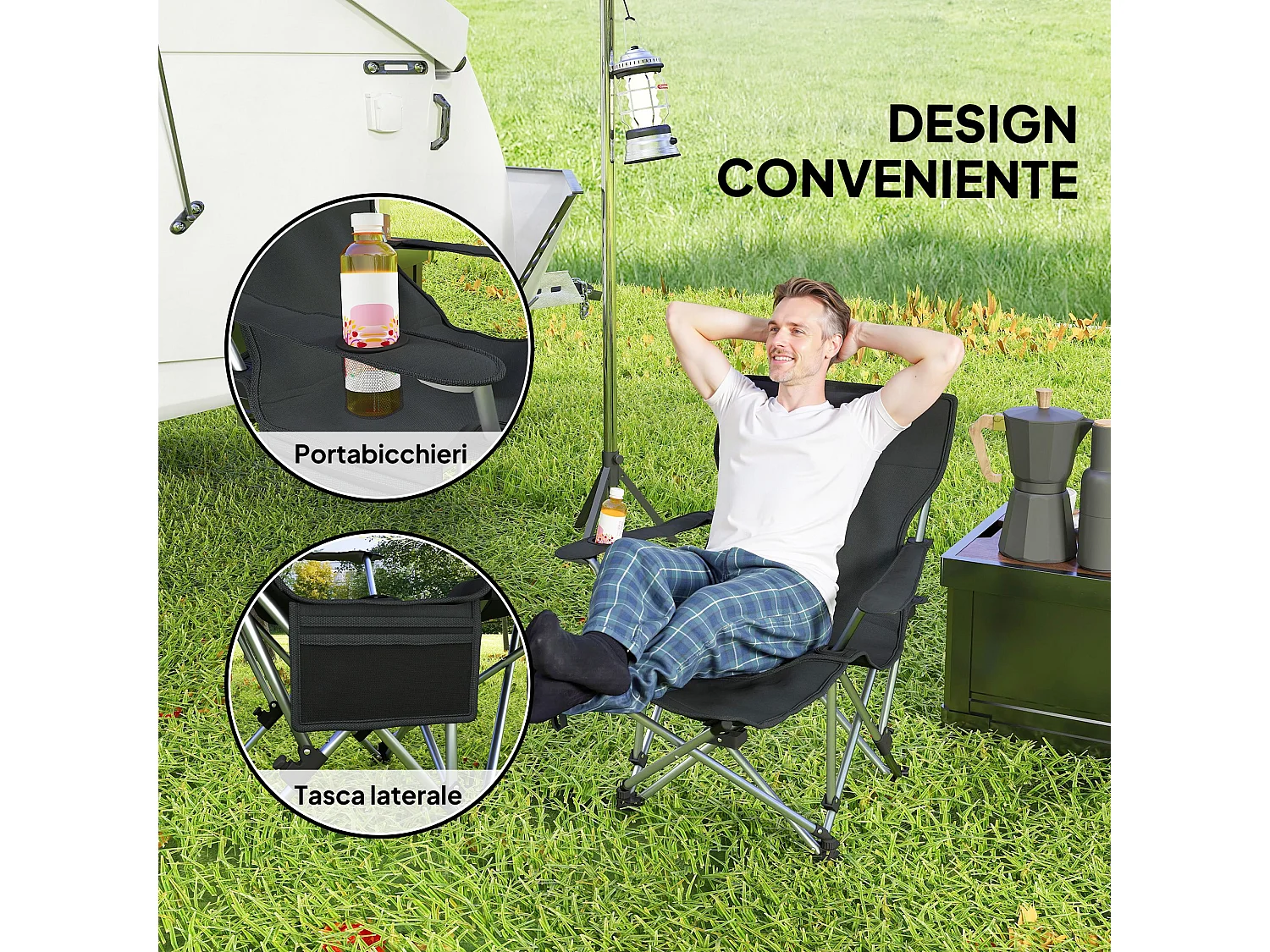 Sedia da campeggio pieghevole reclinabile con poggiapiedi nero