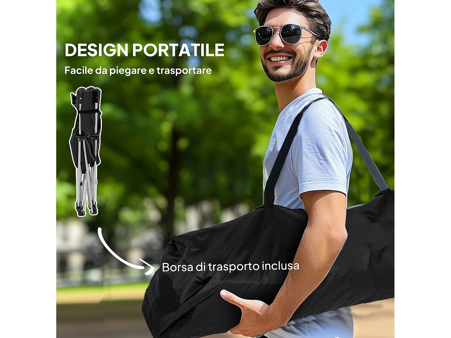 Sedia da campeggio pieghevole reclinabile con poggiapiedi nero