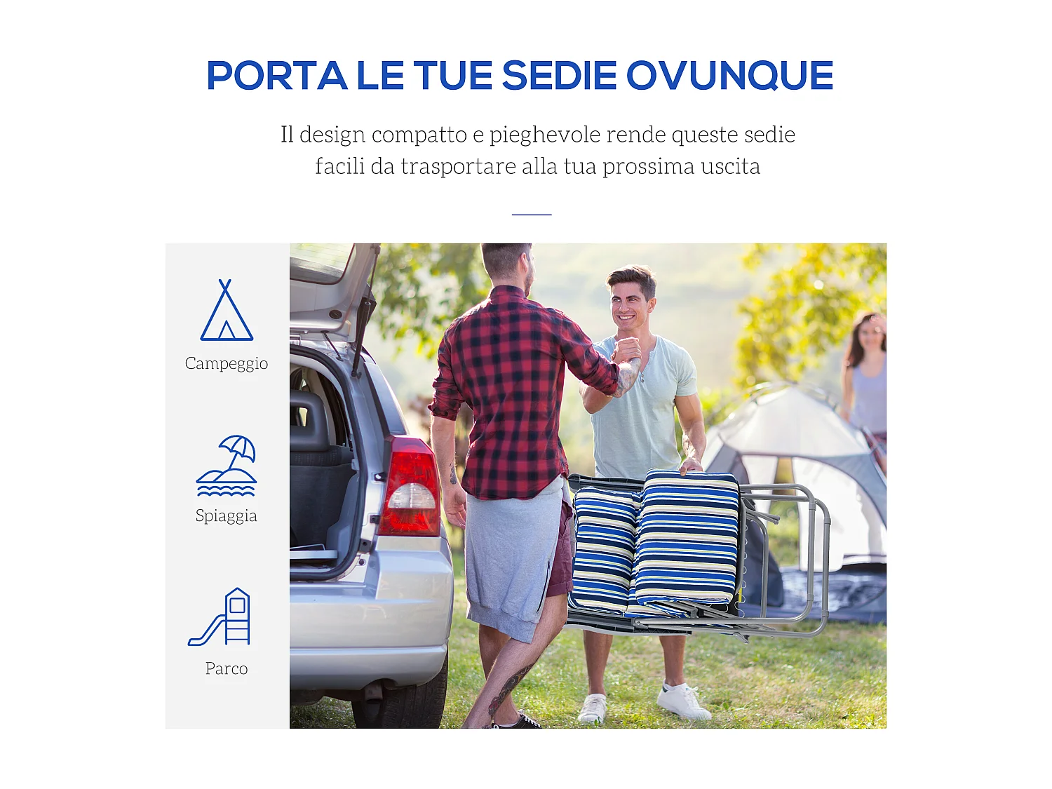 Set 2 sedie sdraio pieghevoli e regolabili a 5 livelli blu e crema