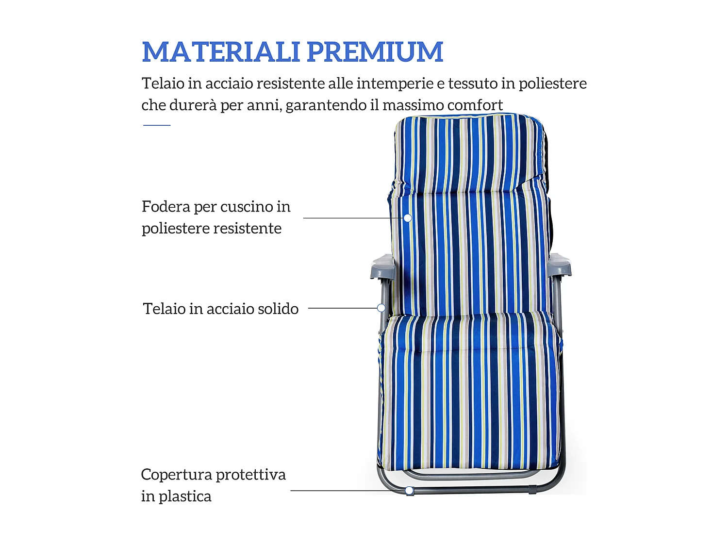 Set 2 sedie sdraio pieghevoli e regolabili a 5 livelli blu e crema