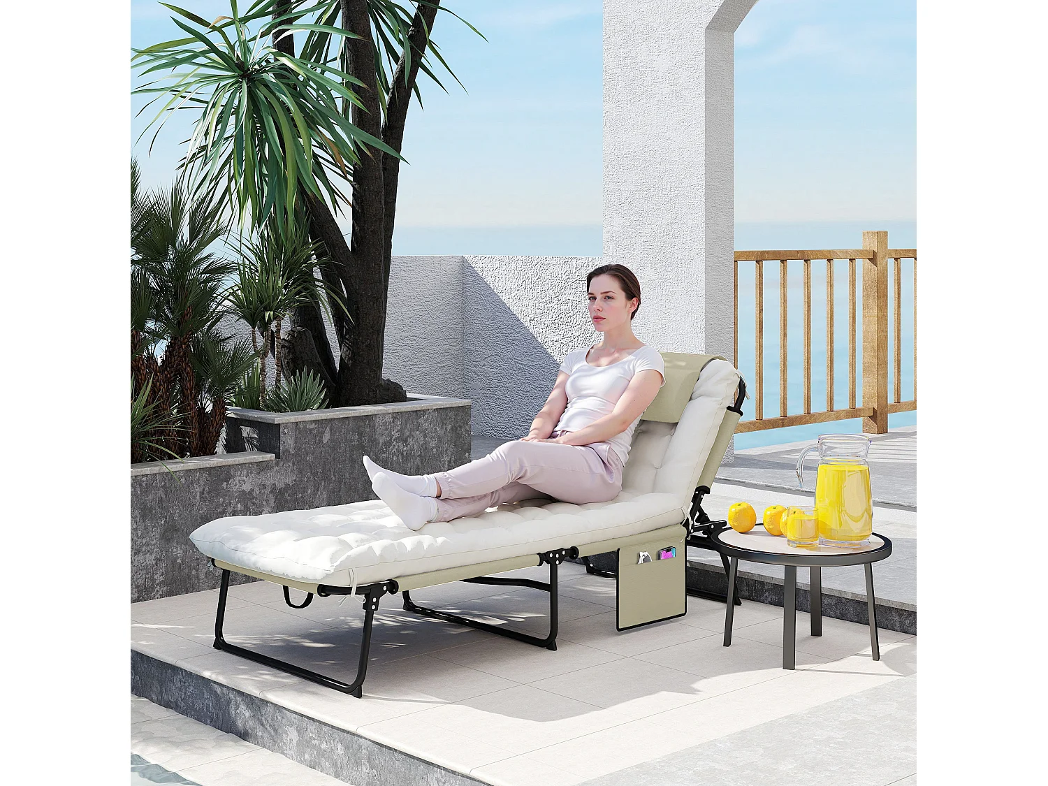 Lettino da giardino pieghevole e reclinabile con tasca laterale beige