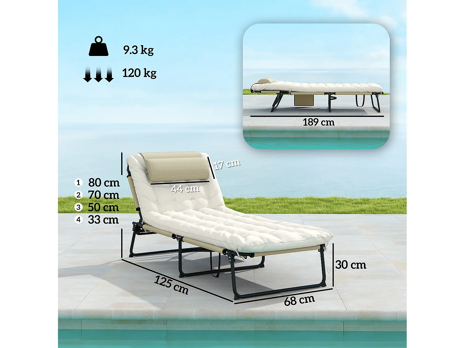 Lettino da giardino pieghevole e reclinabile con tasca laterale beige