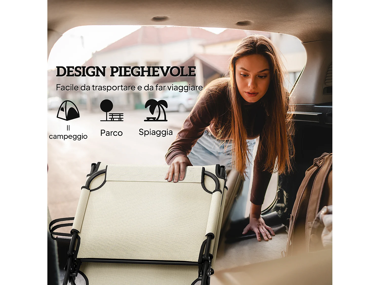 Lettino da giardino pieghevole e reclinabile con tasca laterale beige