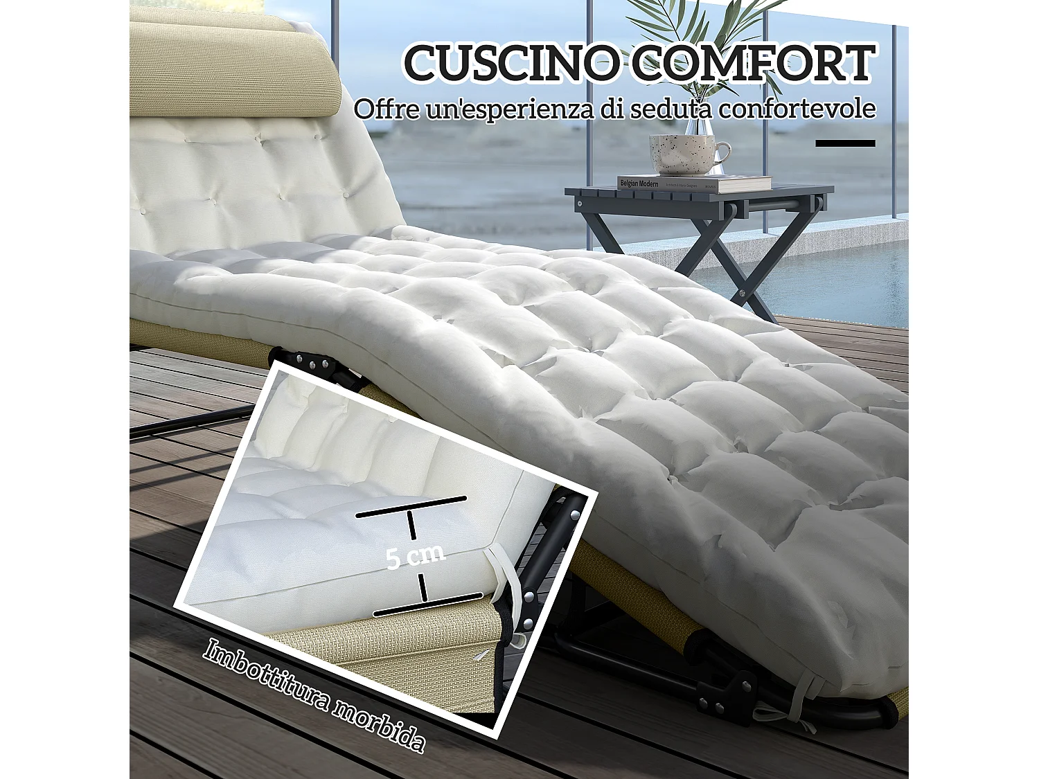 Lettino da giardino pieghevole e reclinabile con tasca laterale beige