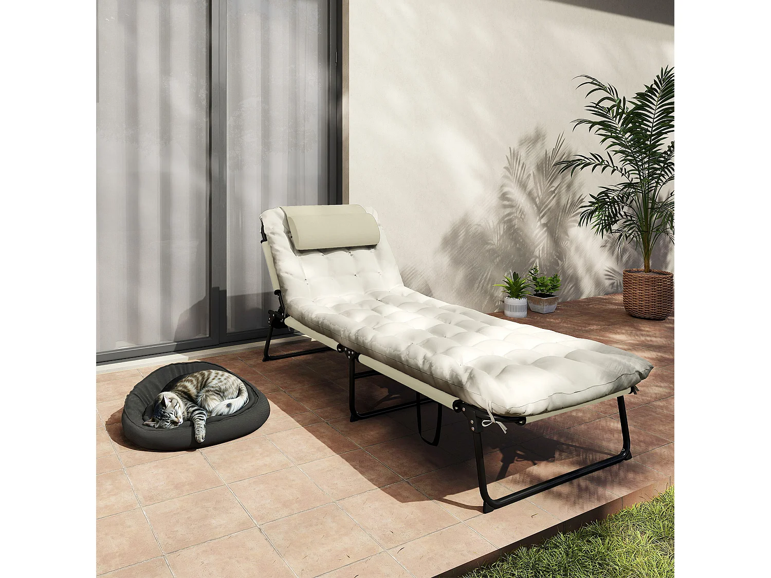 Lettino da giardino pieghevole e reclinabile con tasca laterale beige