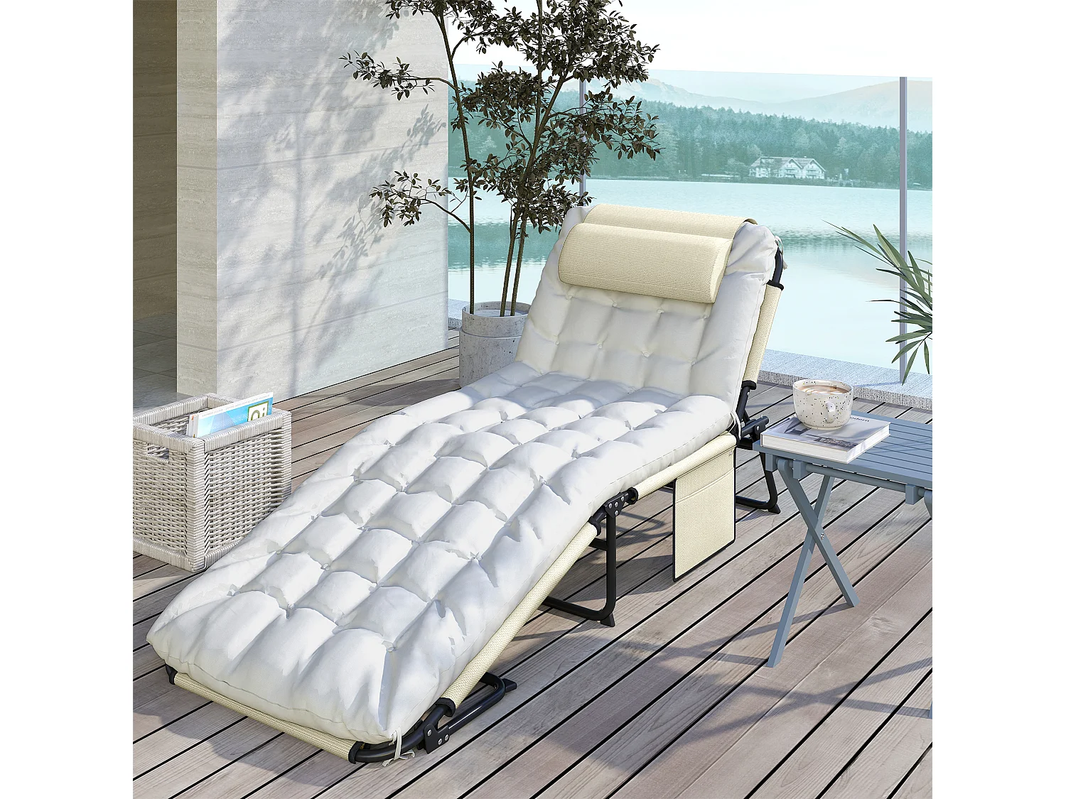 Lettino da giardino pieghevole e reclinabile con tasca laterale beige