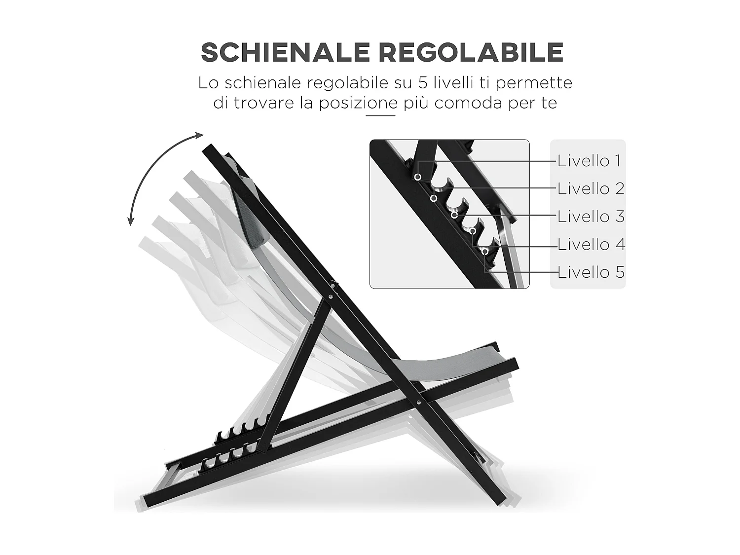 Set 2 sedie sdraio pieghevoli e reclinabili in alluminio grigio