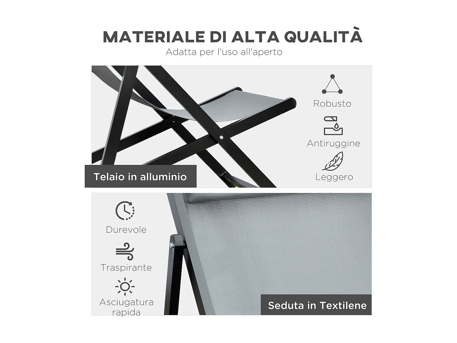 Set 2 sedie sdraio pieghevoli e reclinabili in alluminio grigio