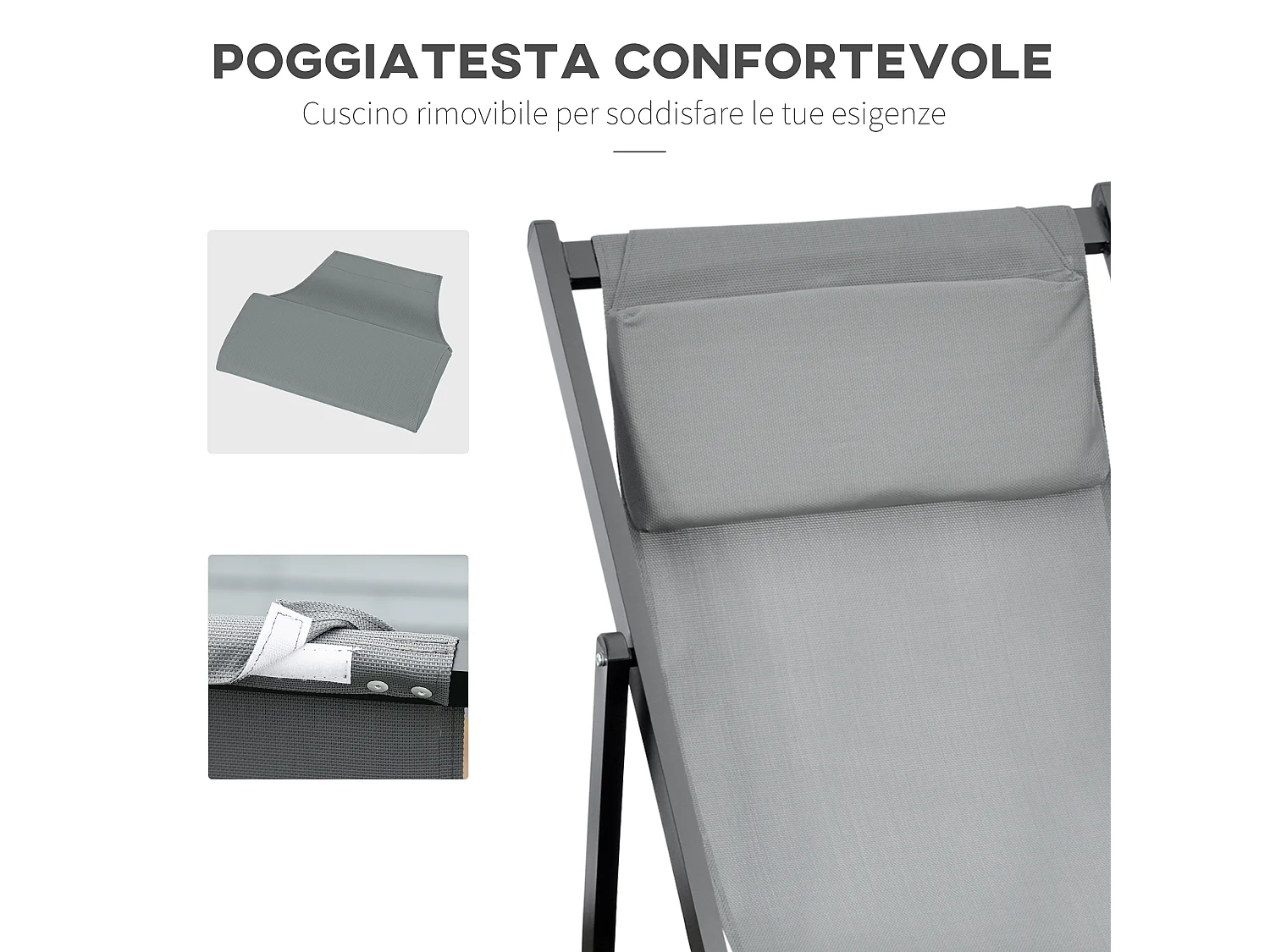 Set 2 sedie sdraio pieghevoli e reclinabili in alluminio grigio