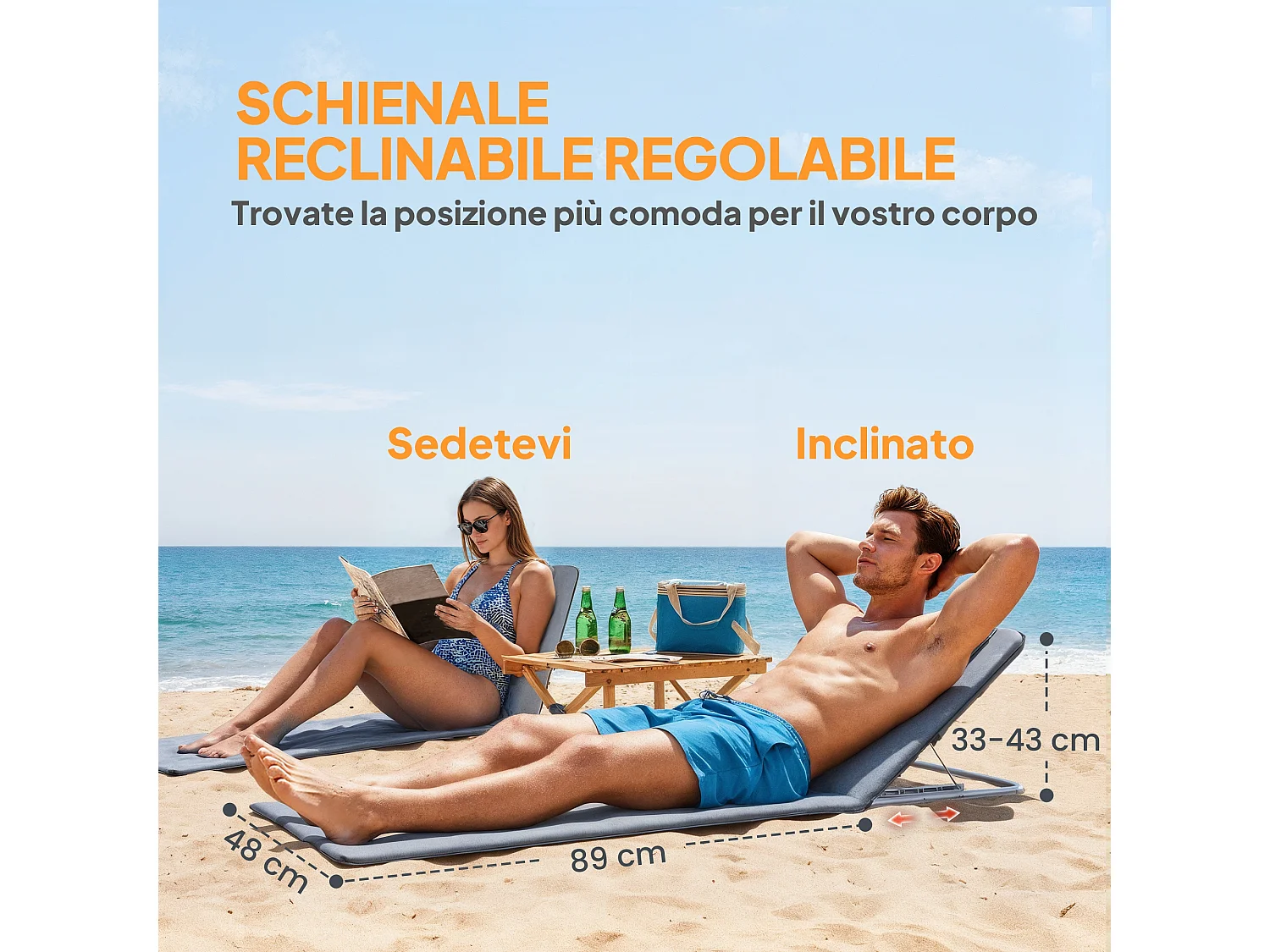 Set 2 Lettini Pieghevoli da Spiaggia con Schienale Regolabile e Borsa da Viaggio