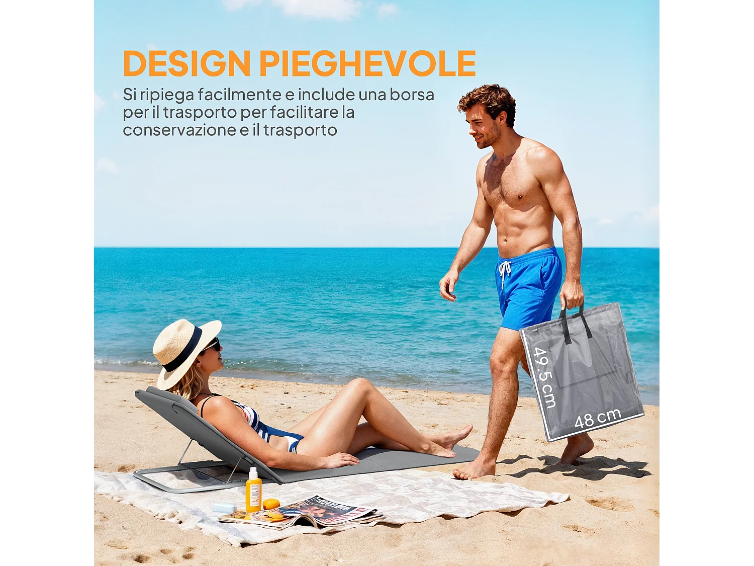 Set 2 Lettini Pieghevoli da Spiaggia con Schienale Regolabile e Borsa da Viaggio