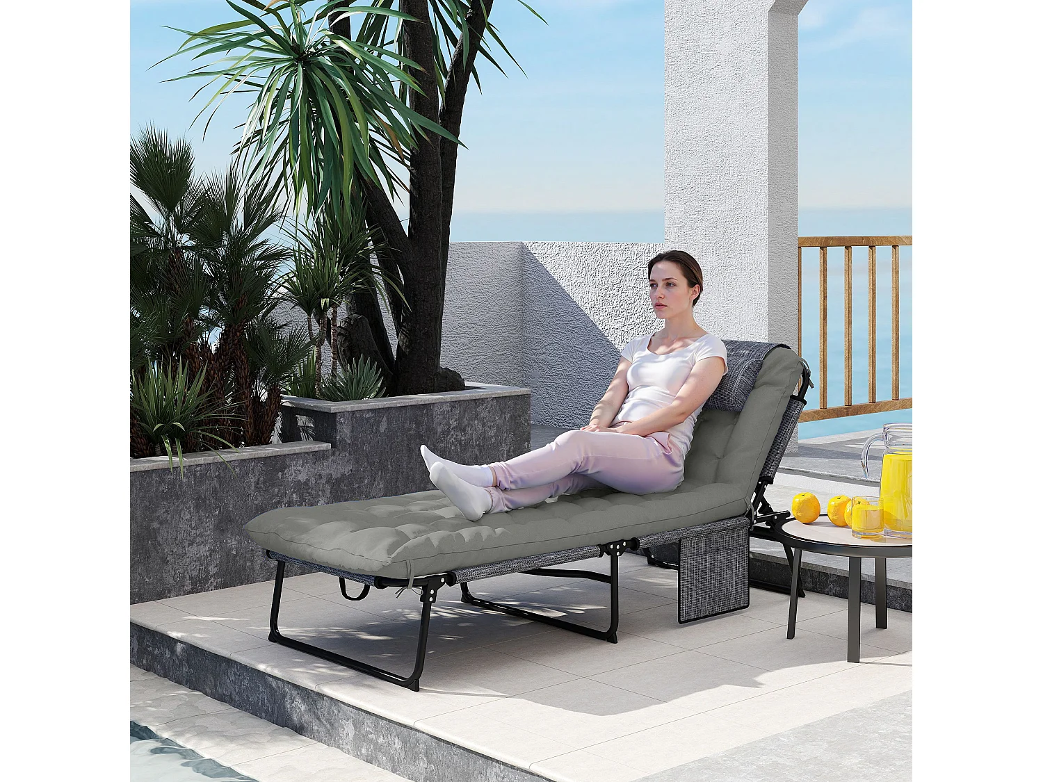 Lettino da giardino pieghevole e reclinabile nero e grigio