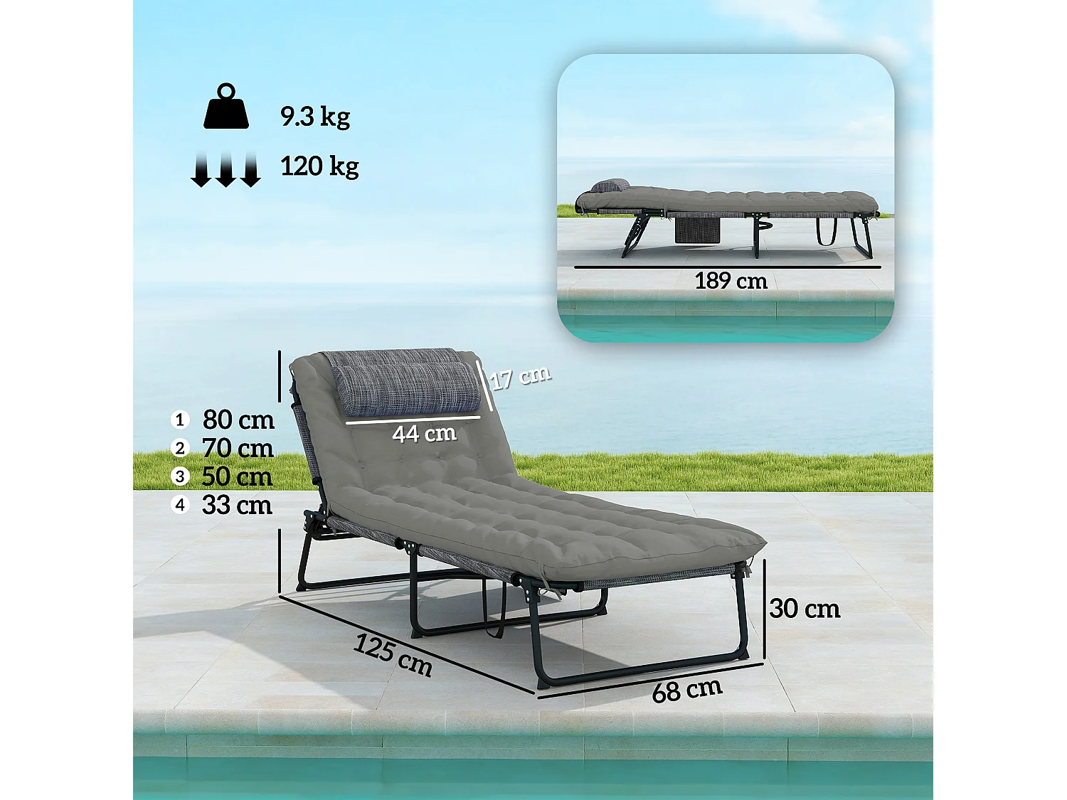 Lettino da giardino pieghevole e reclinabile nero e grigio