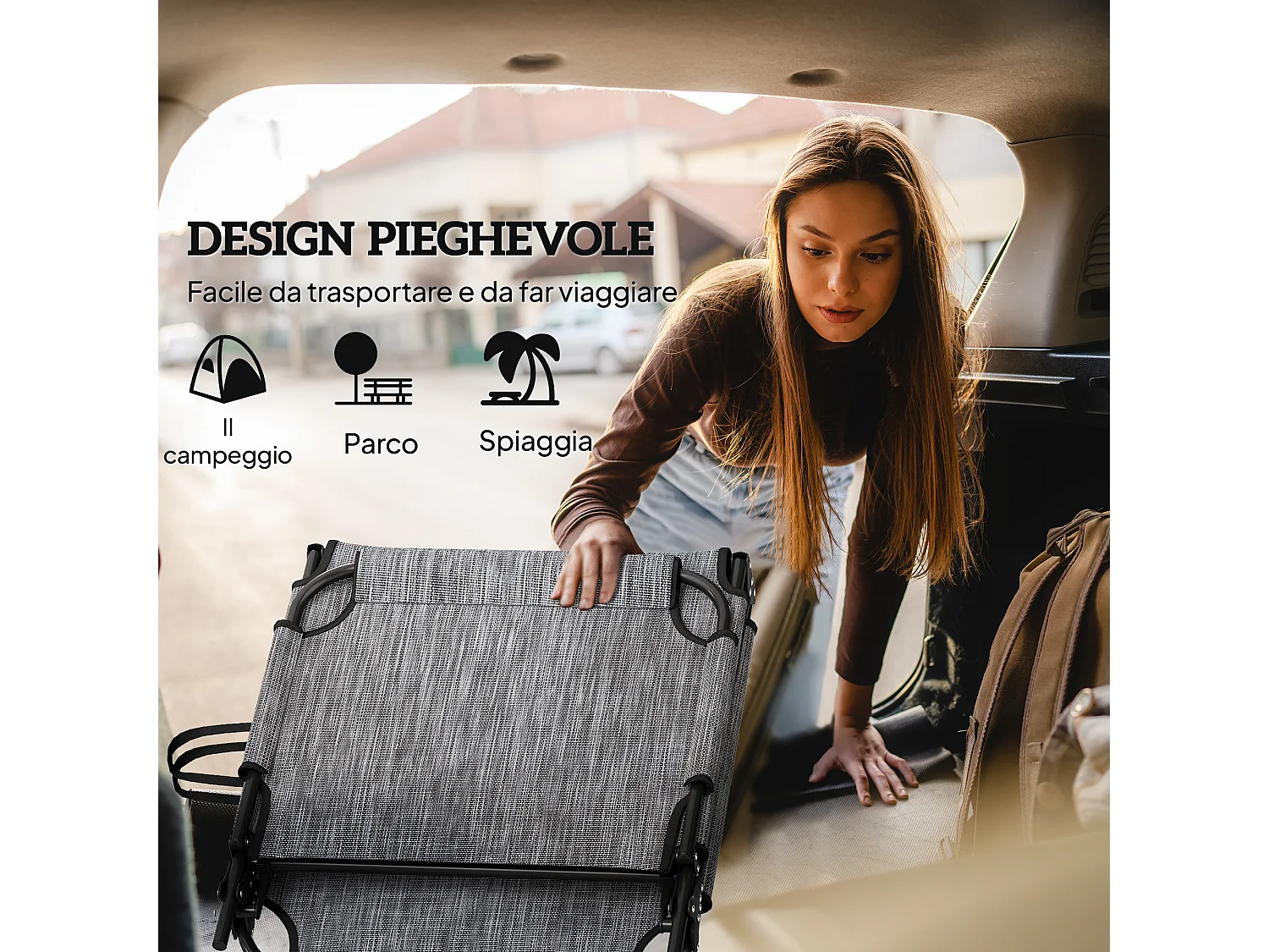 Lettino da giardino pieghevole e reclinabile nero e grigio