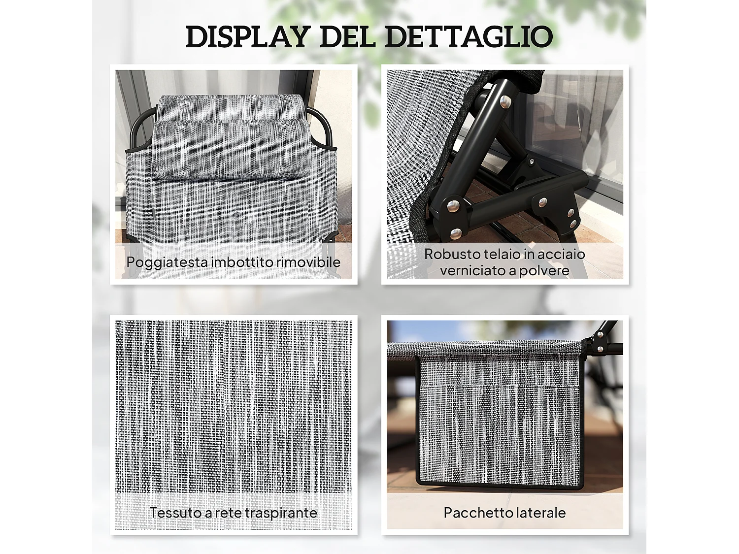 Lettino da giardino pieghevole e reclinabile nero e grigio