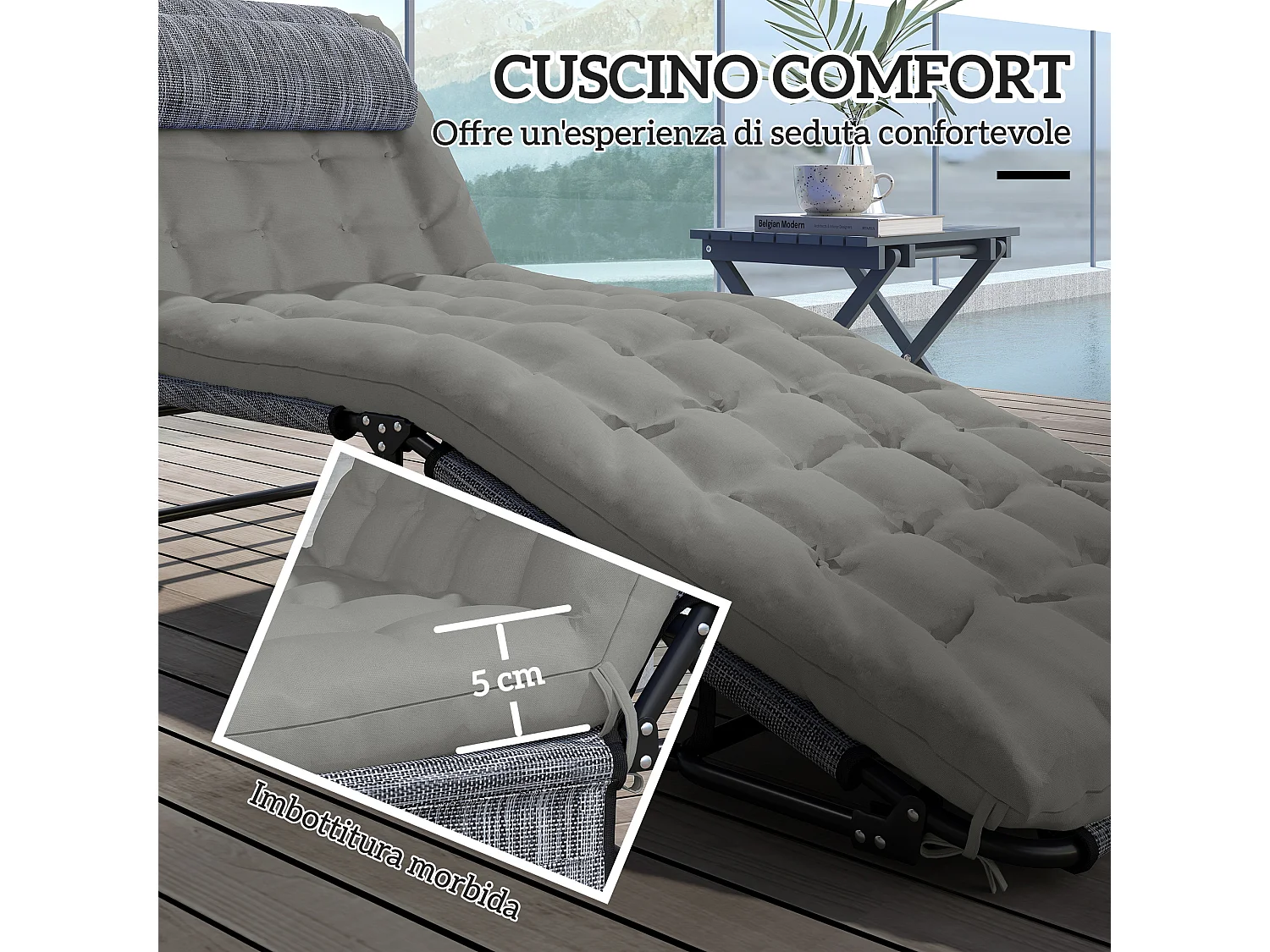 Lettino da giardino pieghevole e reclinabile nero e grigio