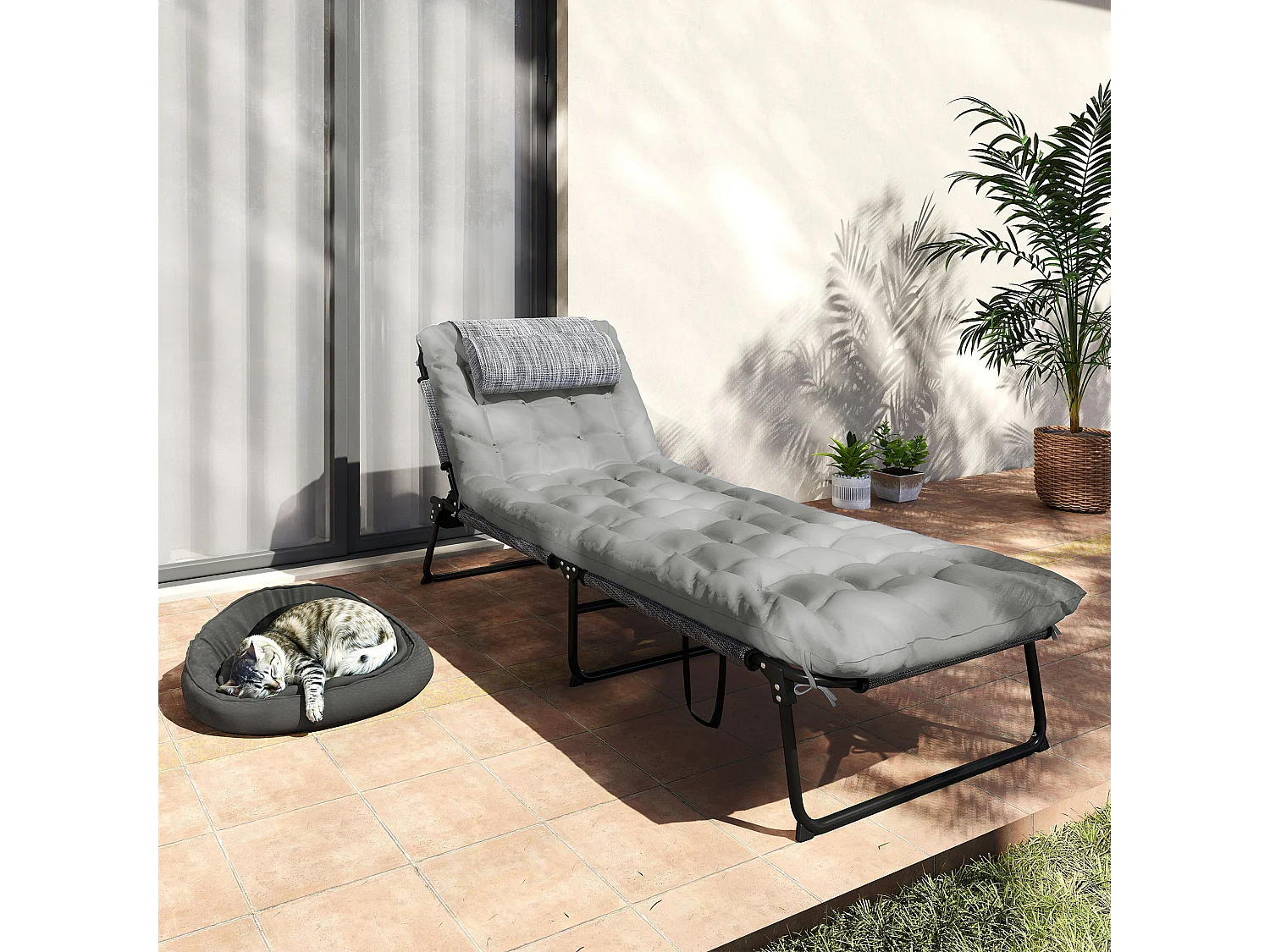 Lettino da giardino pieghevole e reclinabile nero e grigio