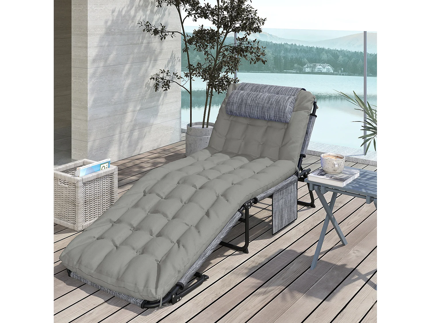 Lettino da giardino pieghevole e reclinabile nero e grigio