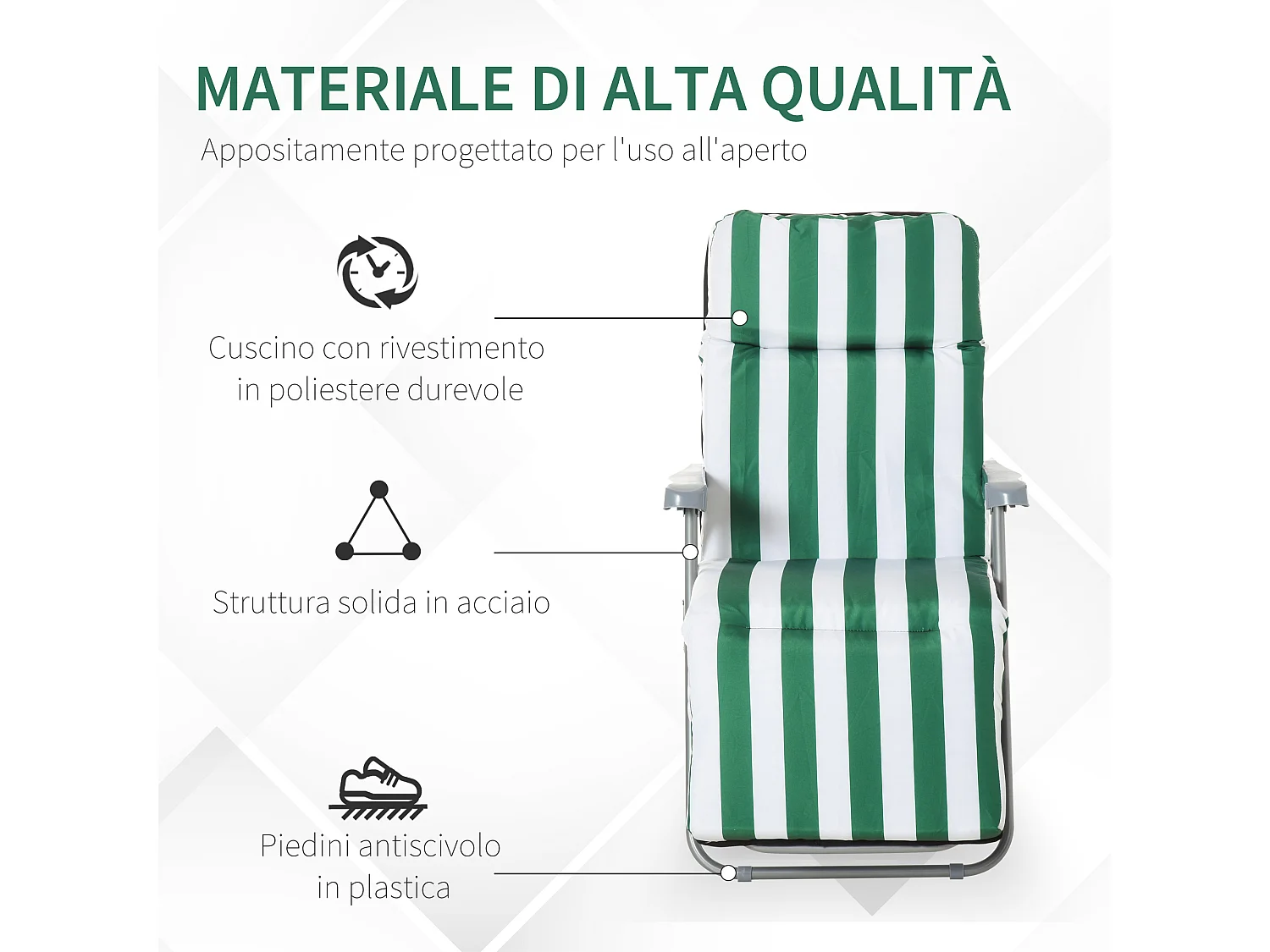 Sedia Sdraio Da Spiaggia Da 2 Pezzi Pieghevole E Reclinabile Lettini Prendisole Da Giardino Con Cuscino Imbottito Verde E Bianco