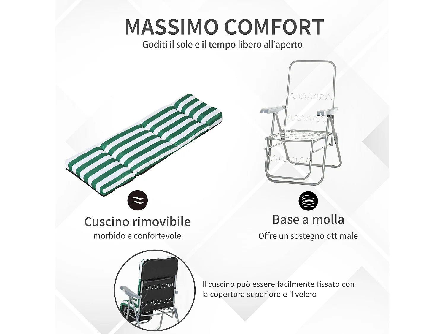 Sedia Sdraio Da Spiaggia Da 2 Pezzi Pieghevole E Reclinabile Lettini Prendisole Da Giardino Con Cuscino Imbottito Verde E Bianco