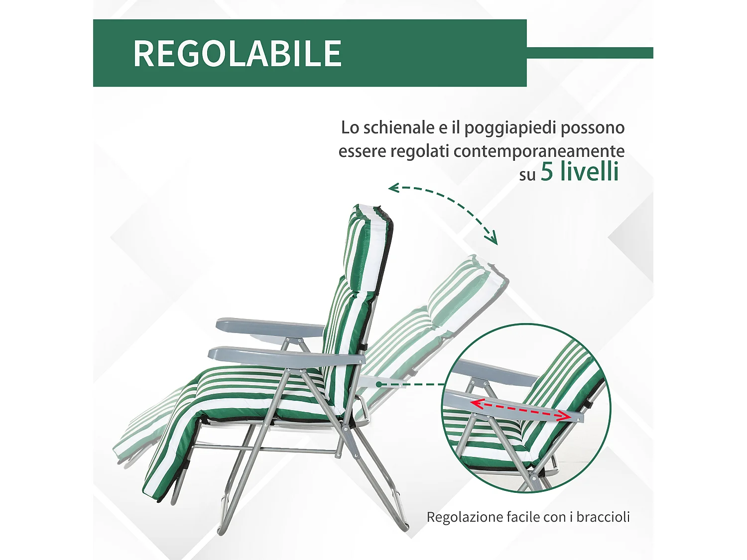 Sedia Sdraio Da Spiaggia Da 2 Pezzi Pieghevole E Reclinabile Lettini Prendisole Da Giardino Con Cuscino Imbottito Verde E Bianco