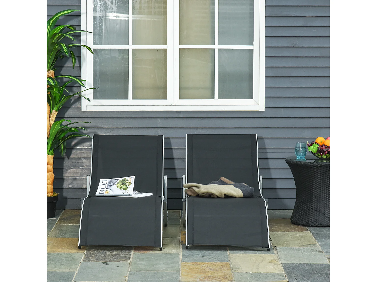 Set 2 sdraio da giardino pieghevoli in alluminio e textilene nero