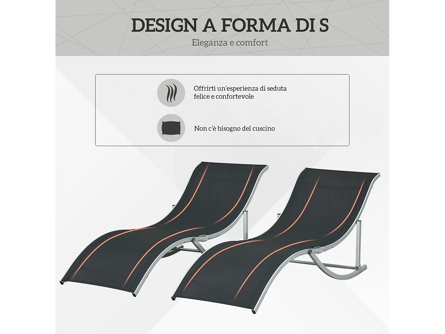 Set 2 sdraio da giardino pieghevoli in alluminio e textilene nero