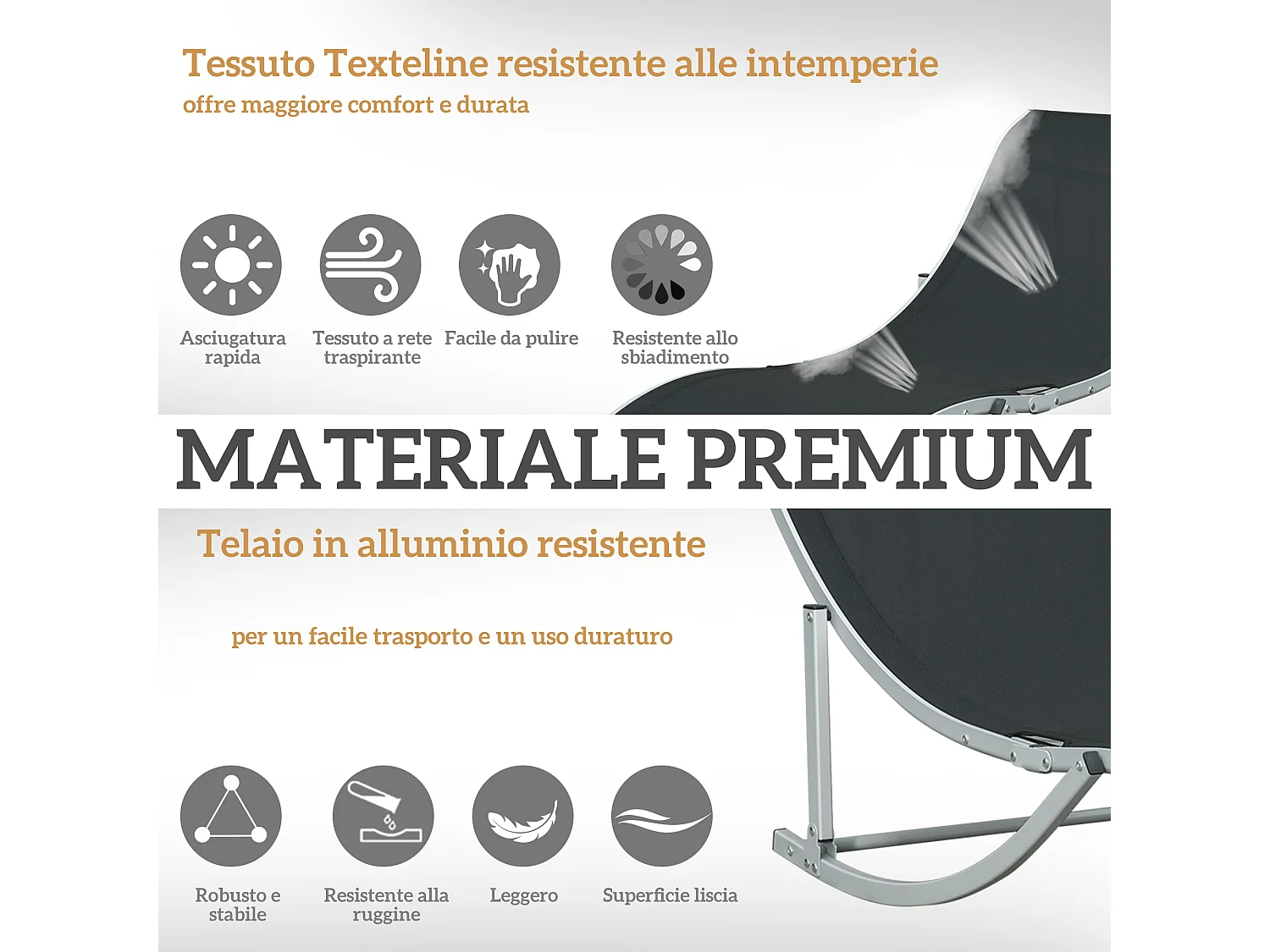 Set 2 sdraio da giardino pieghevoli in alluminio e textilene nero