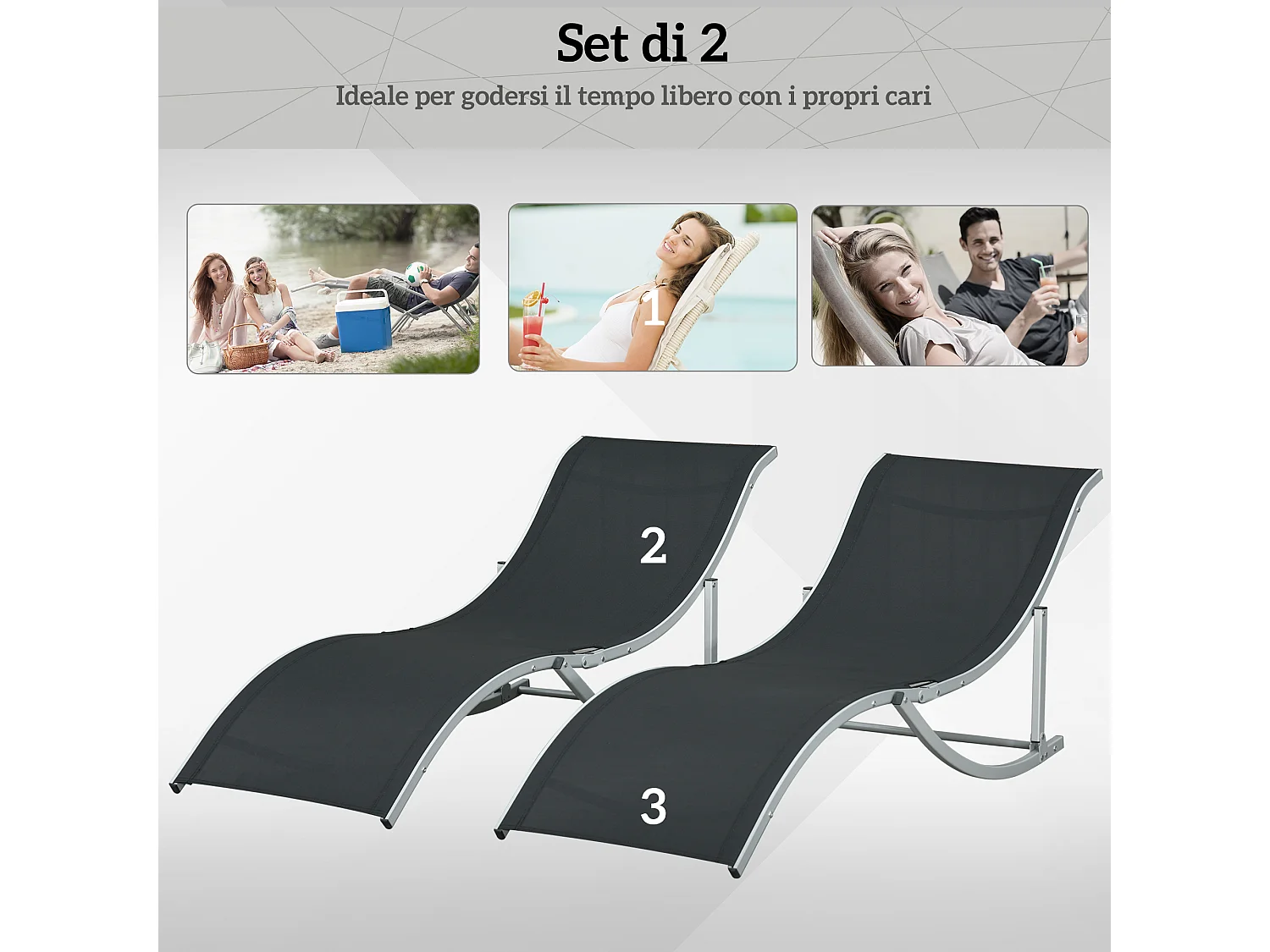 Set 2 sdraio da giardino pieghevoli in alluminio e textilene nero