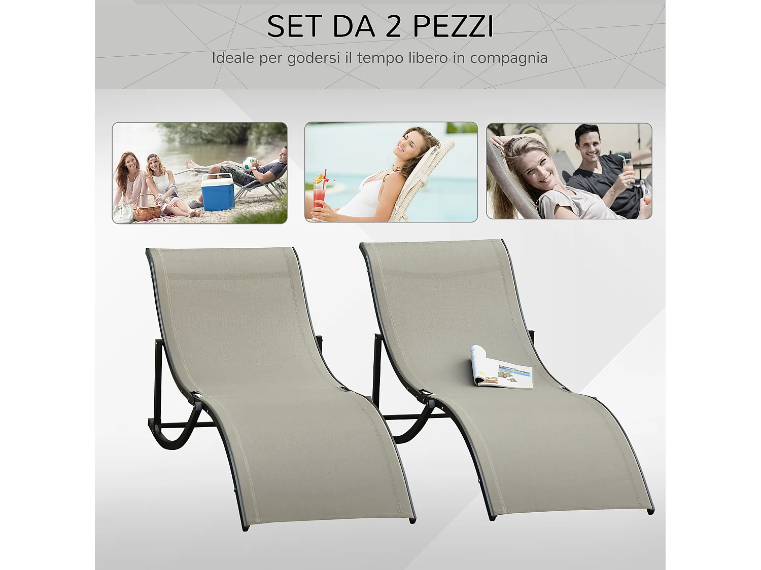 Set 2 sdraio da giardino pieghevoli in alluminio e textilene