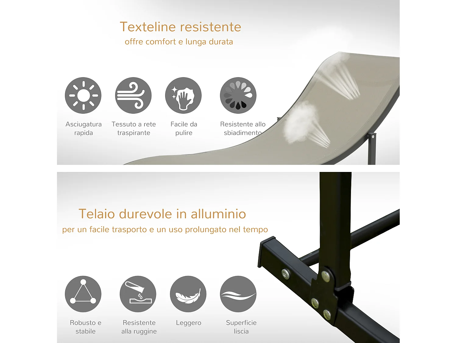 Set 2 sdraio da giardino pieghevoli in alluminio e textilene