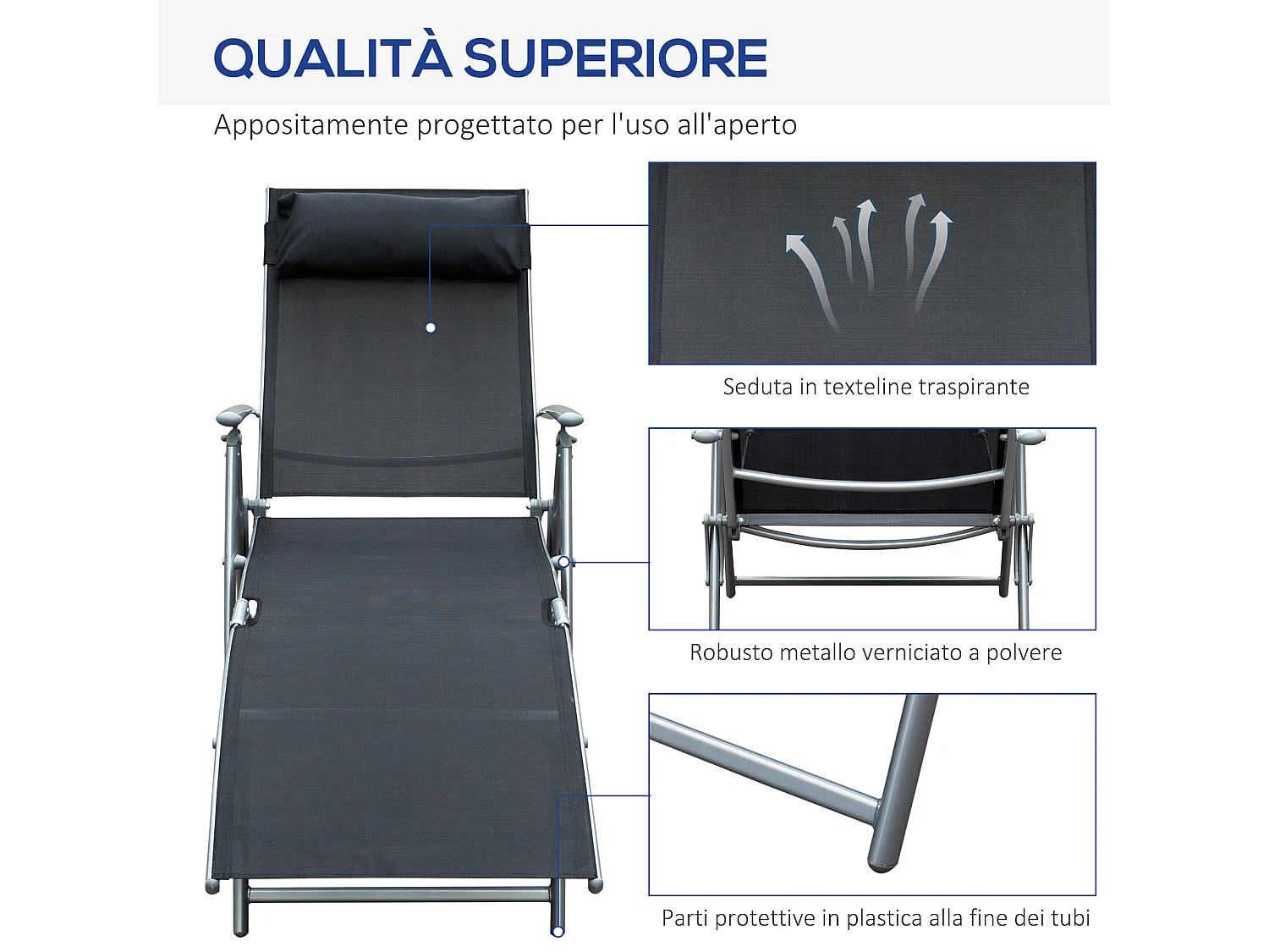 Lettino sdraio da giardino pieghevole e reclinabile nero