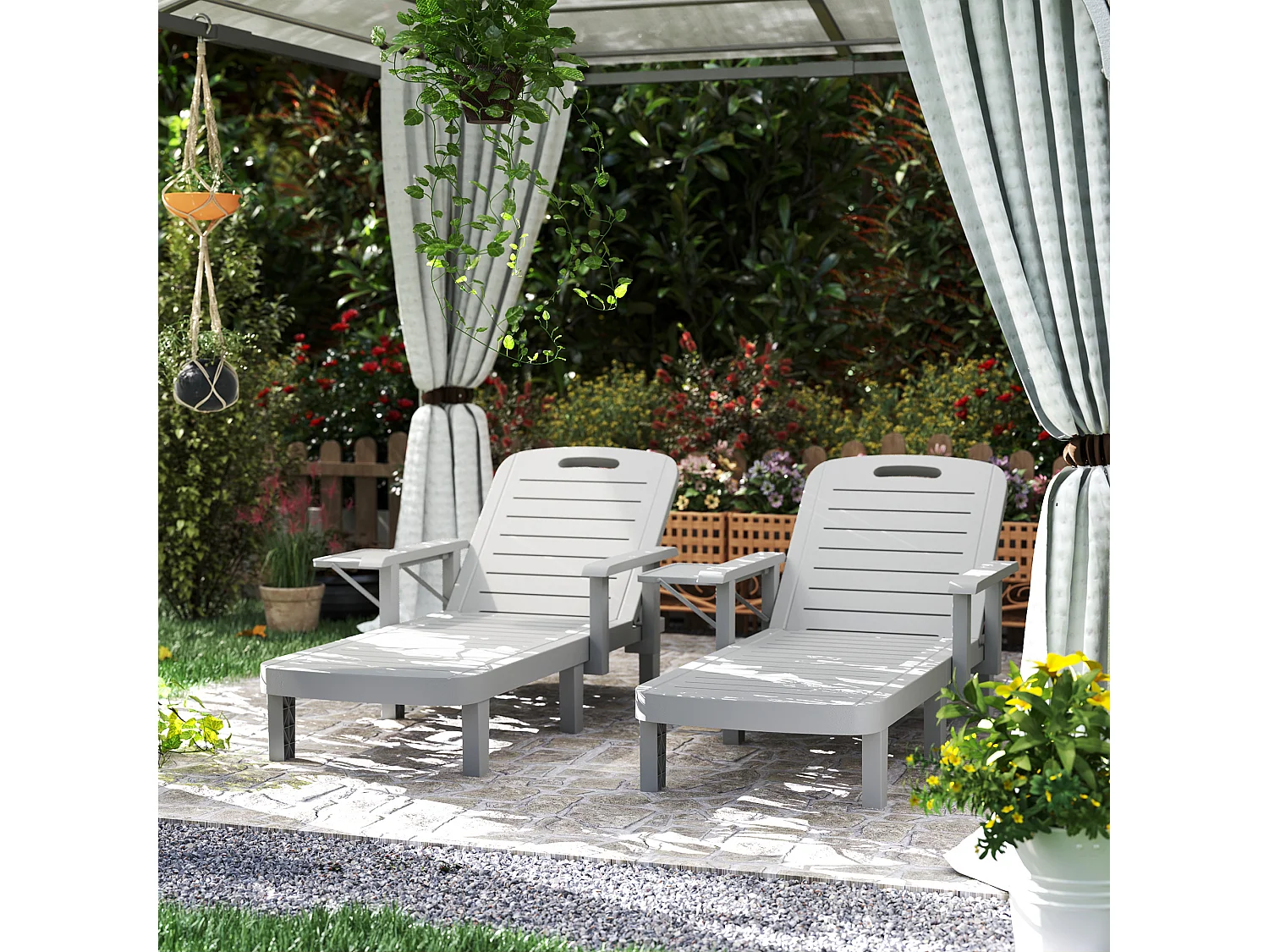 Set 2 sdraio da giardino regolabili con tavolino e braccioli grigio