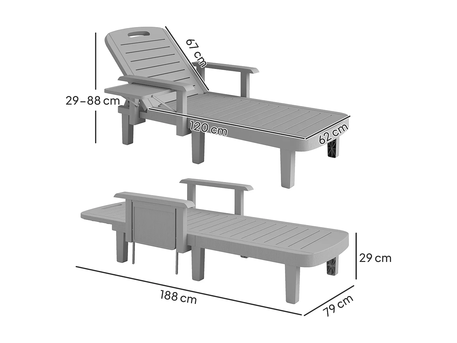 Set 2 sdraio da giardino regolabili con tavolino e braccioli grigio