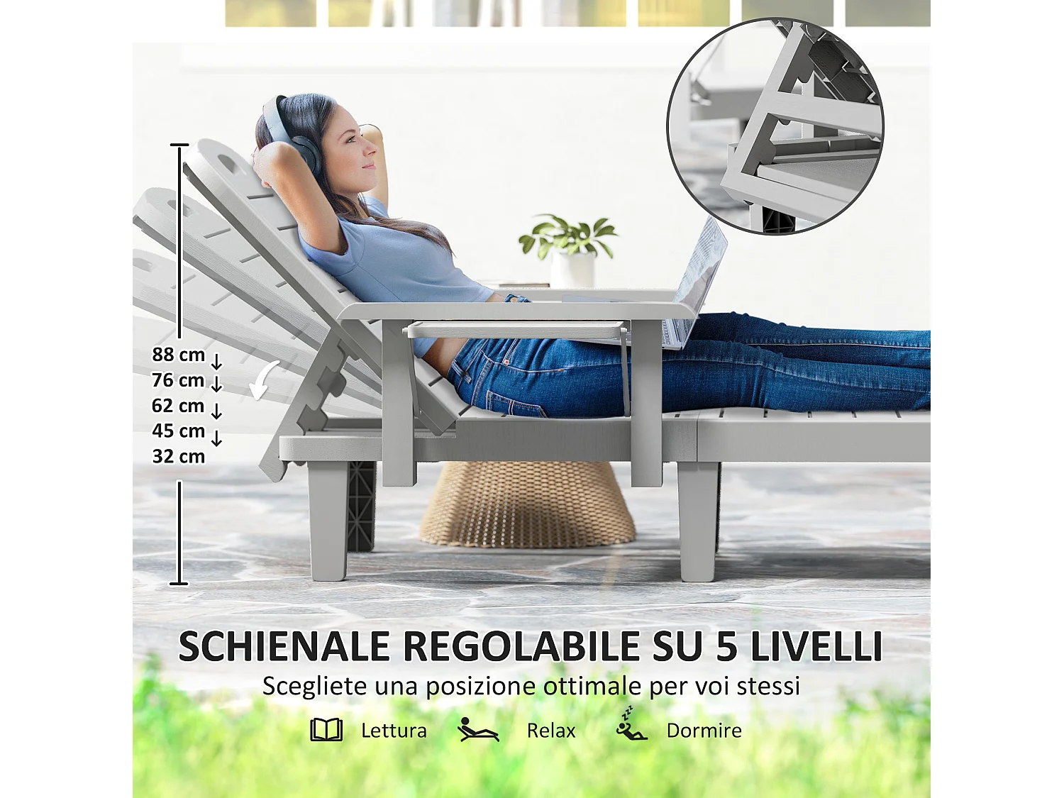 Set 2 sdraio da giardino regolabili con tavolino e braccioli grigio