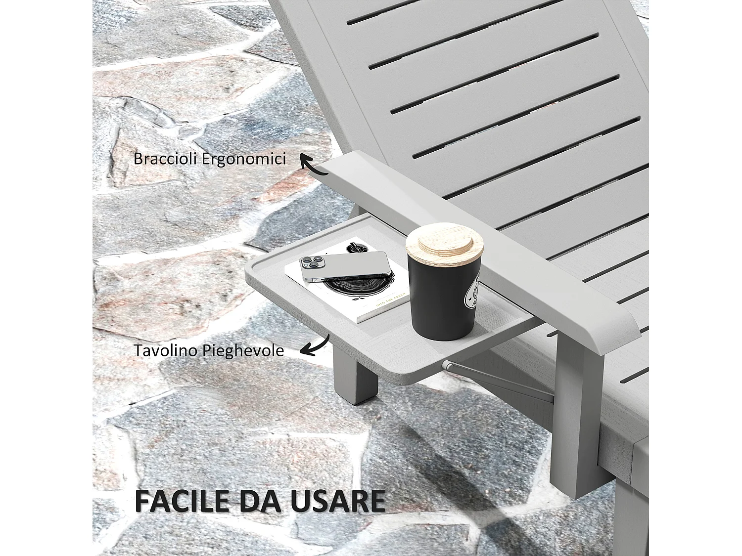 Set 2 sdraio da giardino regolabili con tavolino e braccioli grigio
