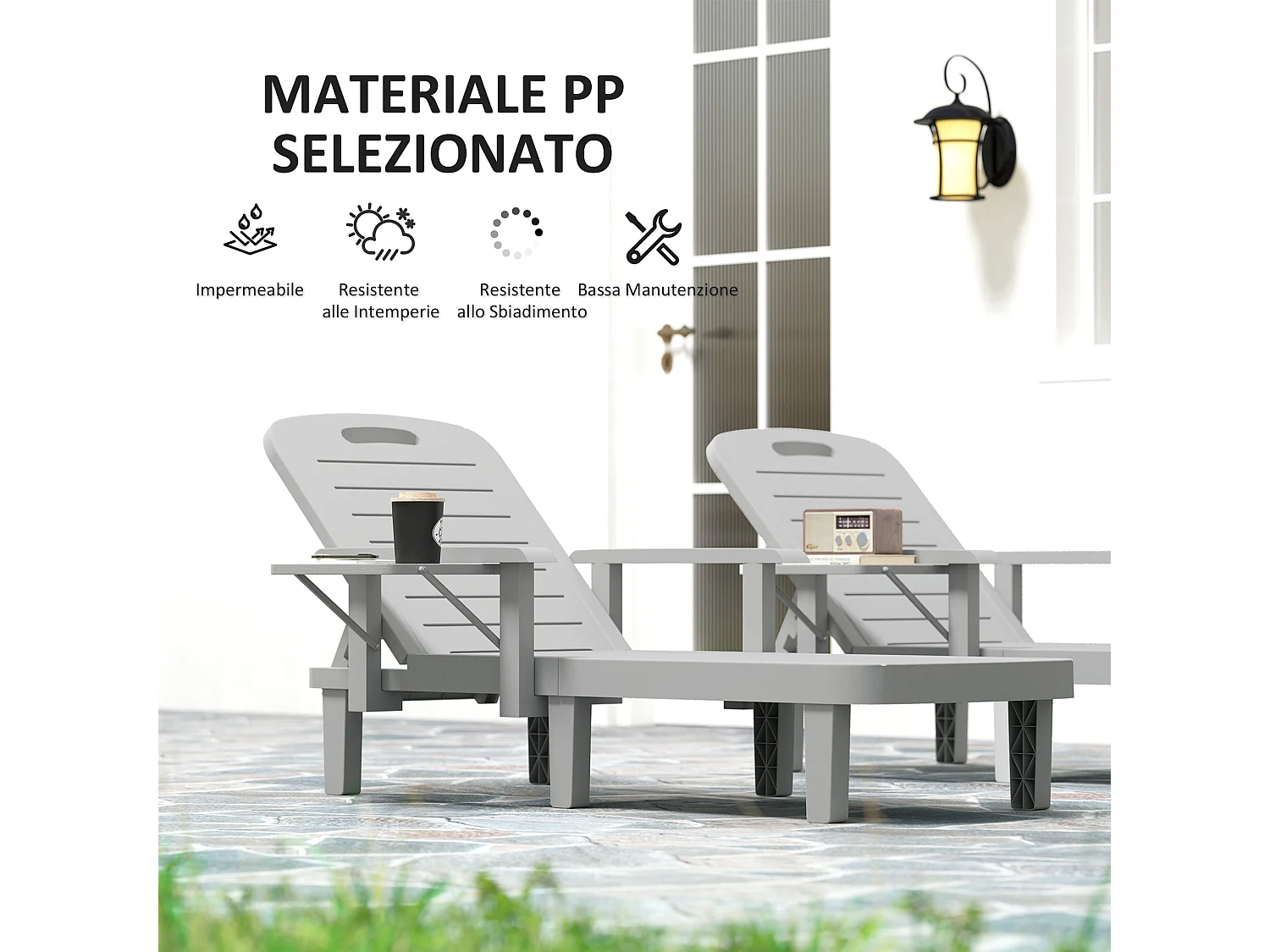 Set 2 sdraio da giardino regolabili con tavolino e braccioli grigio