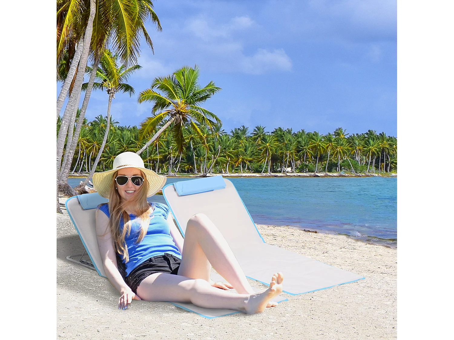 Set 2 lettini sdraio pieghevoli con schienale regolabile beige