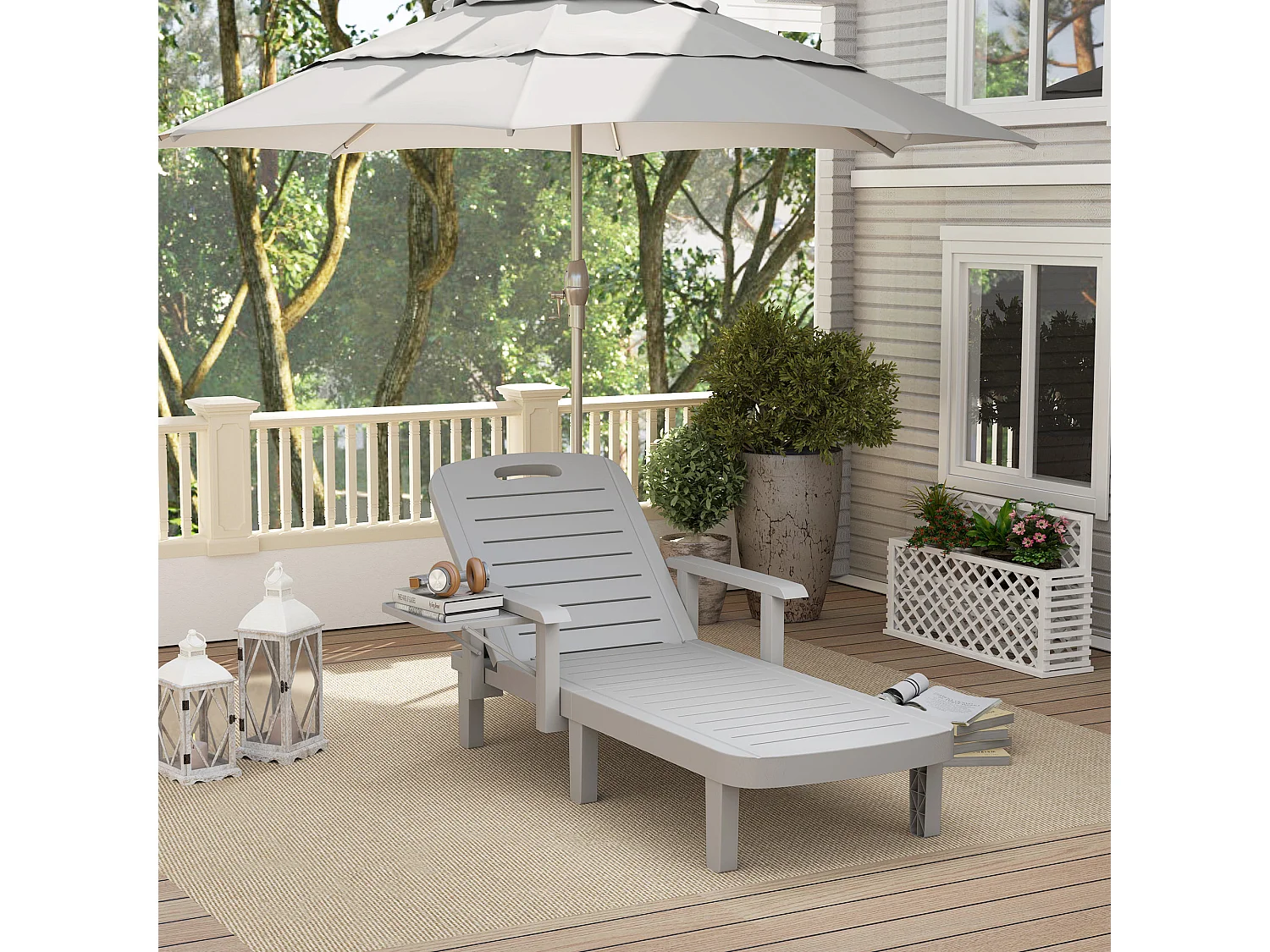 Sdraio da giardino regolabile con tavolino e braccioli grigio chiaro