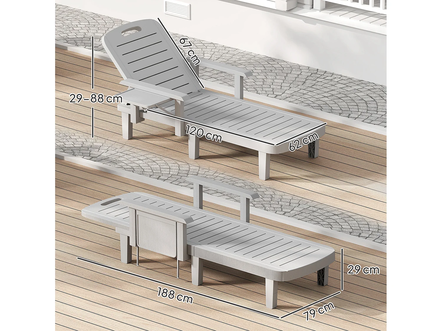 Sdraio da giardino regolabile con tavolino e braccioli grigio chiaro