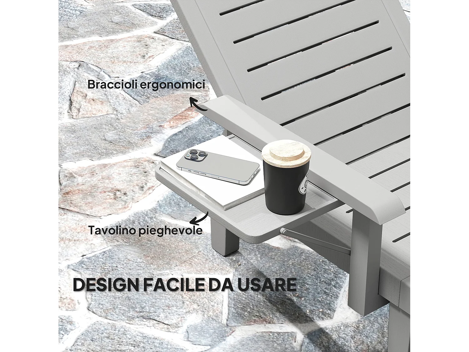 Sdraio da giardino regolabile con tavolino e braccioli grigio chiaro